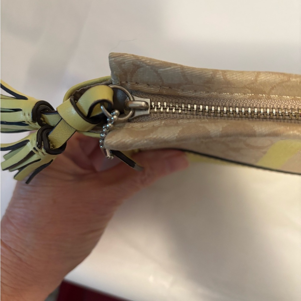 Coach Legacy Signature Yellow and Tan Cosmetic Bag/ Wristlet with tassel and Ht - Picture 12 of 13